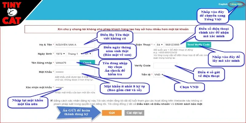 Quy trình tạo tài khoản cực dễ tại TINYCAT99